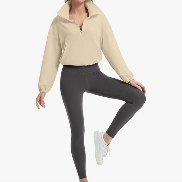 Quarter Zip Pullover Women Cropped Sweatshirt Long Sleeve w/Drawstring - Picture 5 of 7